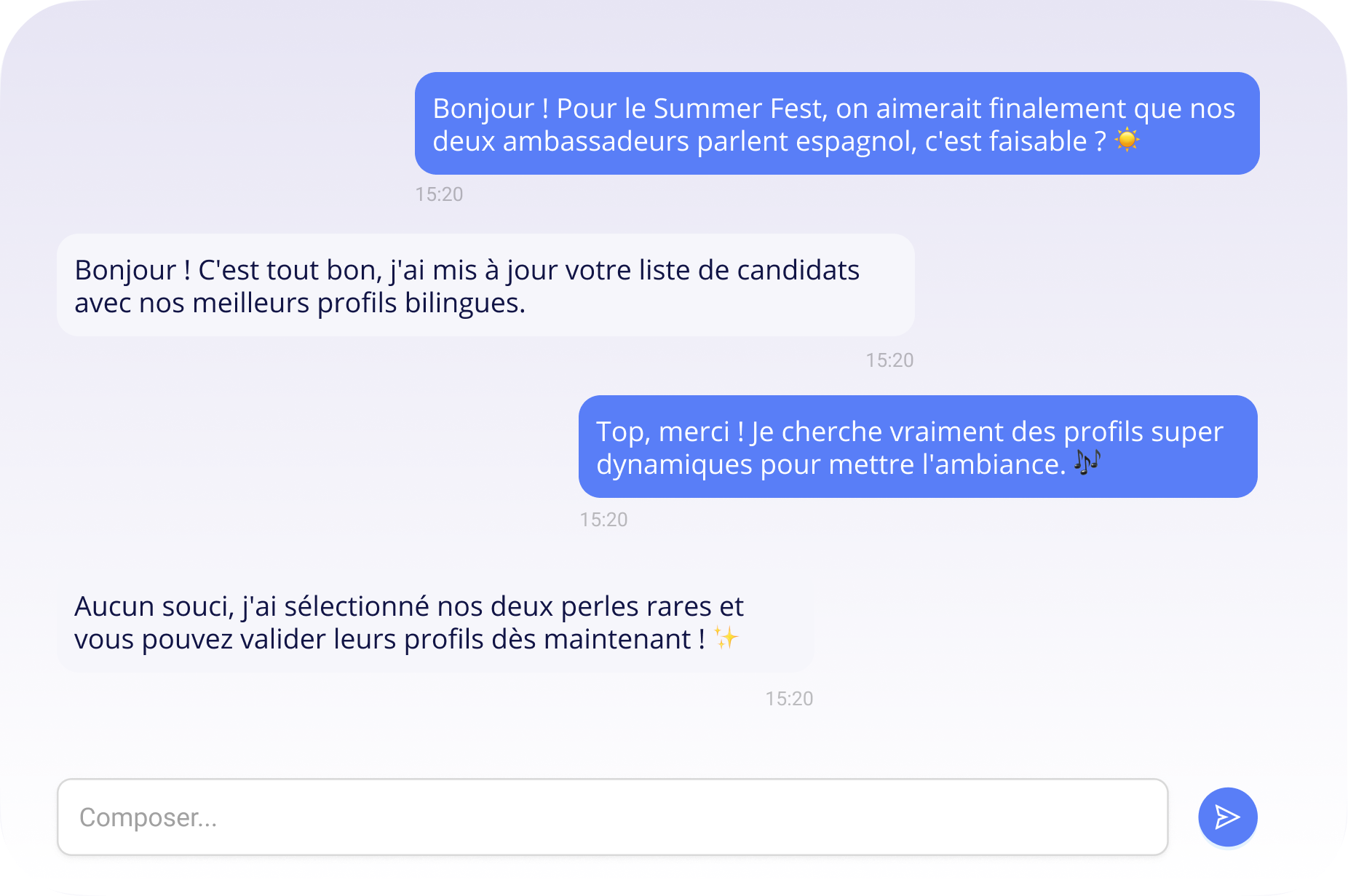 Système de messagerie instantanée intégré au portail pour une communication directe entre l'agence de staffing et ses clients par mandat.