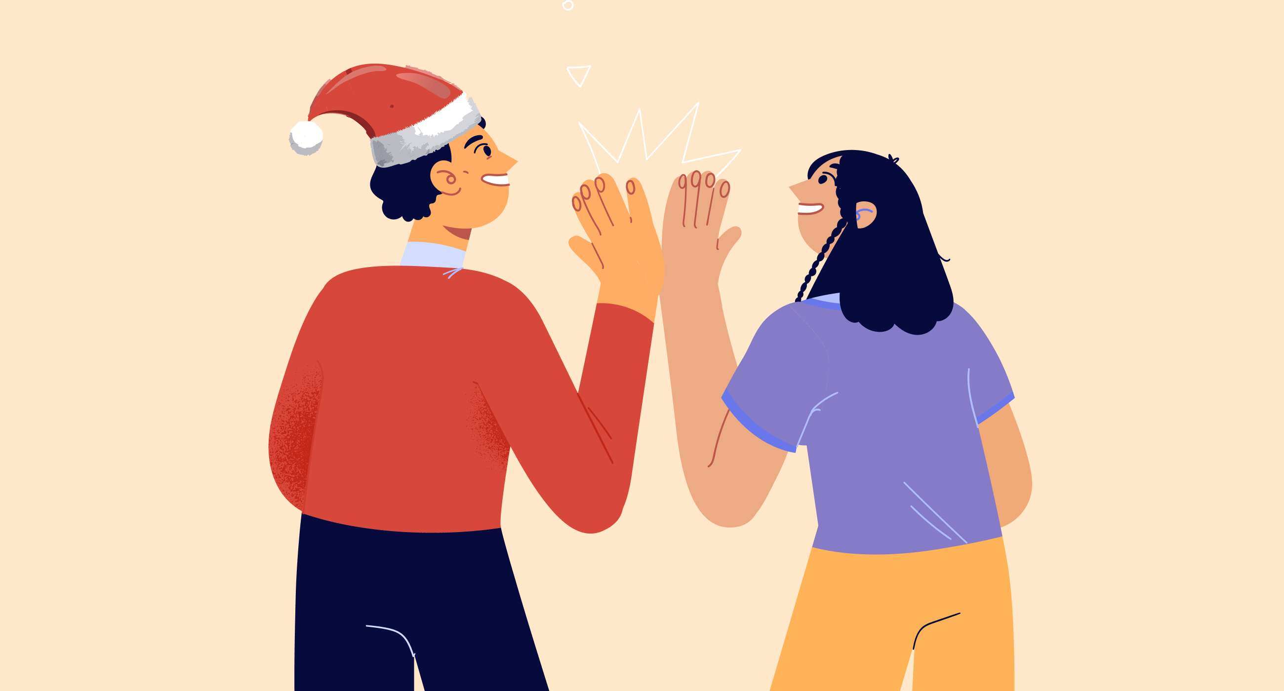 animation of two seasonal job employees giving each other high fives 