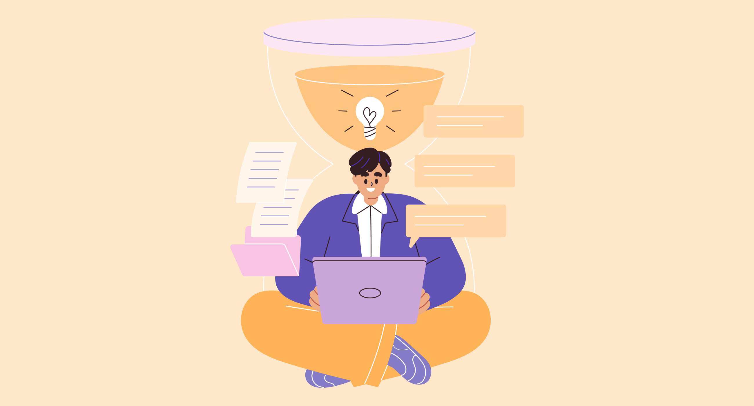 animation image of a man looking at his laptop, searching for inspirational time-management quotes