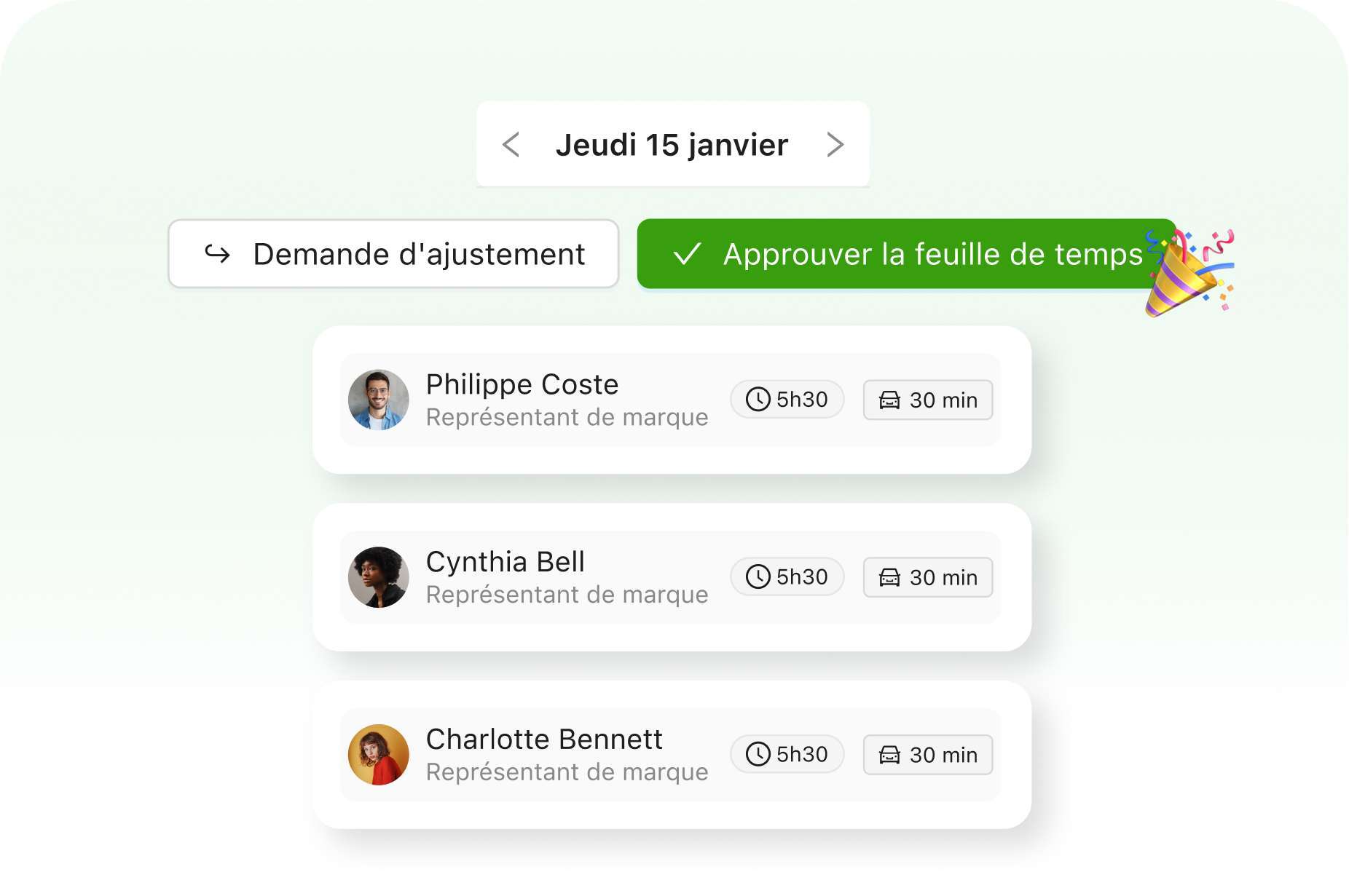 Écran d'approbation des feuilles de temps numériques sur le portail client, permettant un suivi précis des heures travaillées et une facturation rapide.