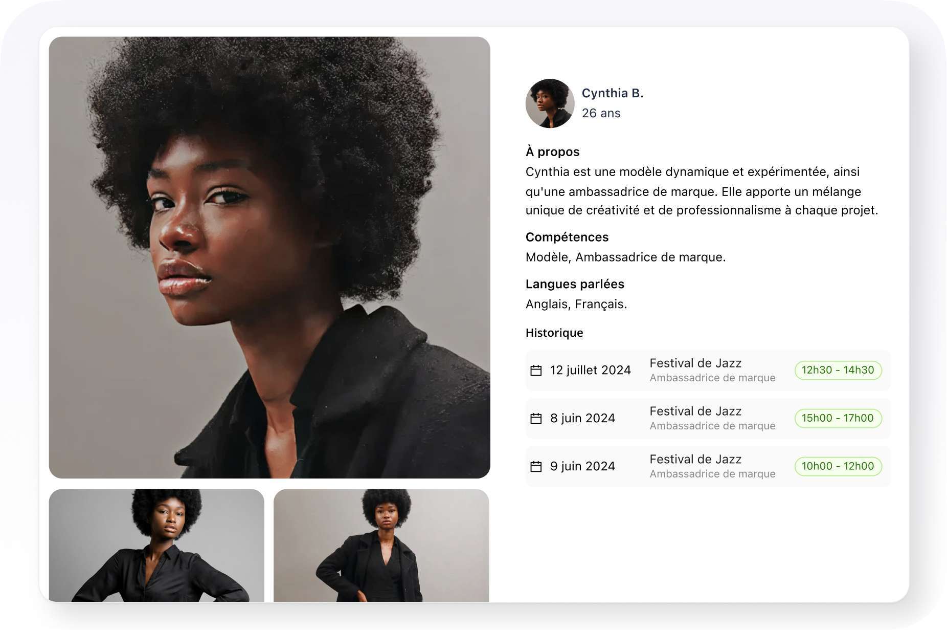 Vue client des profils de candidats incluant les compétences, l'expérience et l'historique de missions pour valider l'équipe assignée.