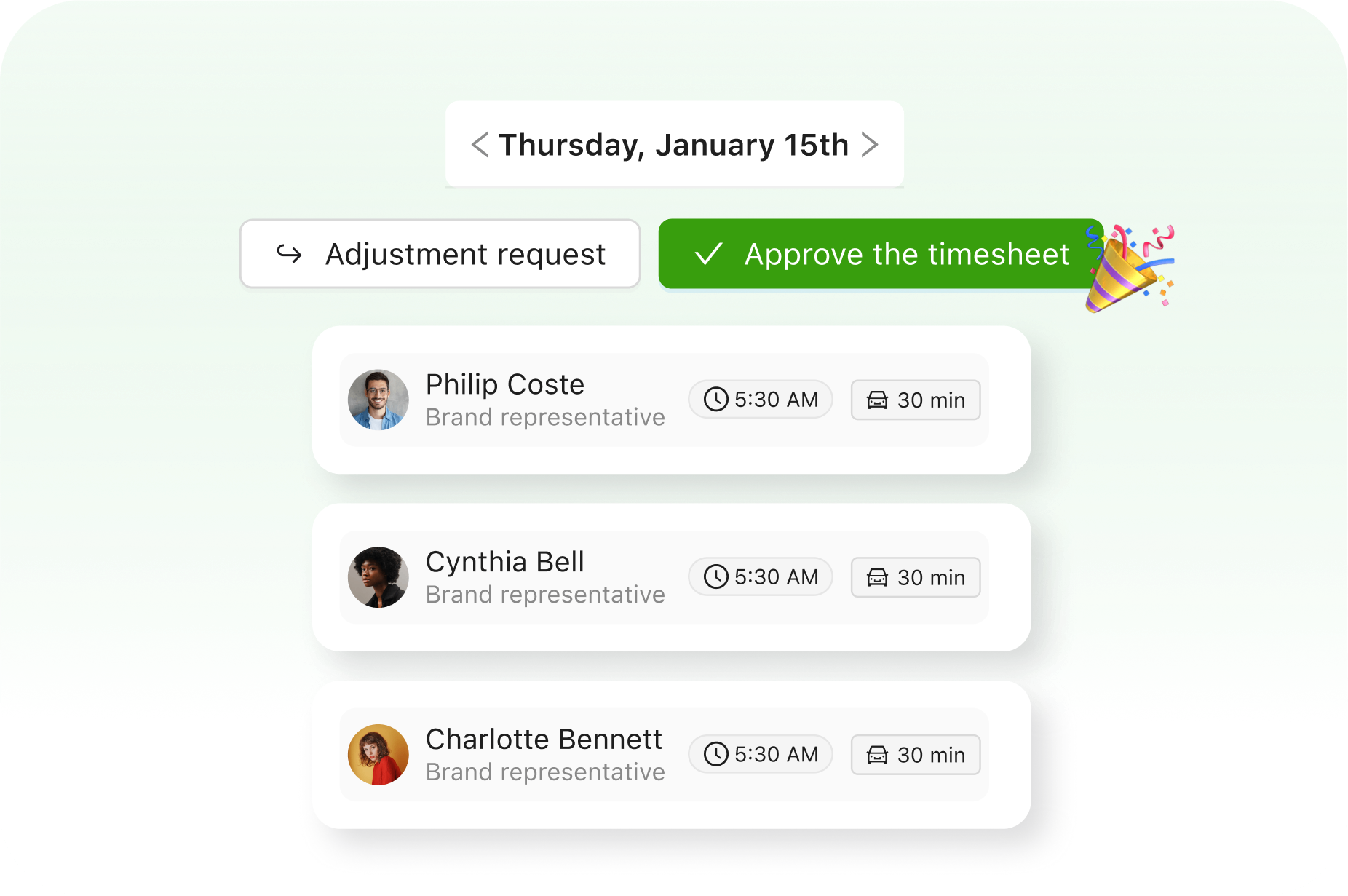 One-click timesheet approval screen on the Workstaff portal showing precise tracking of worked hours by assignment.