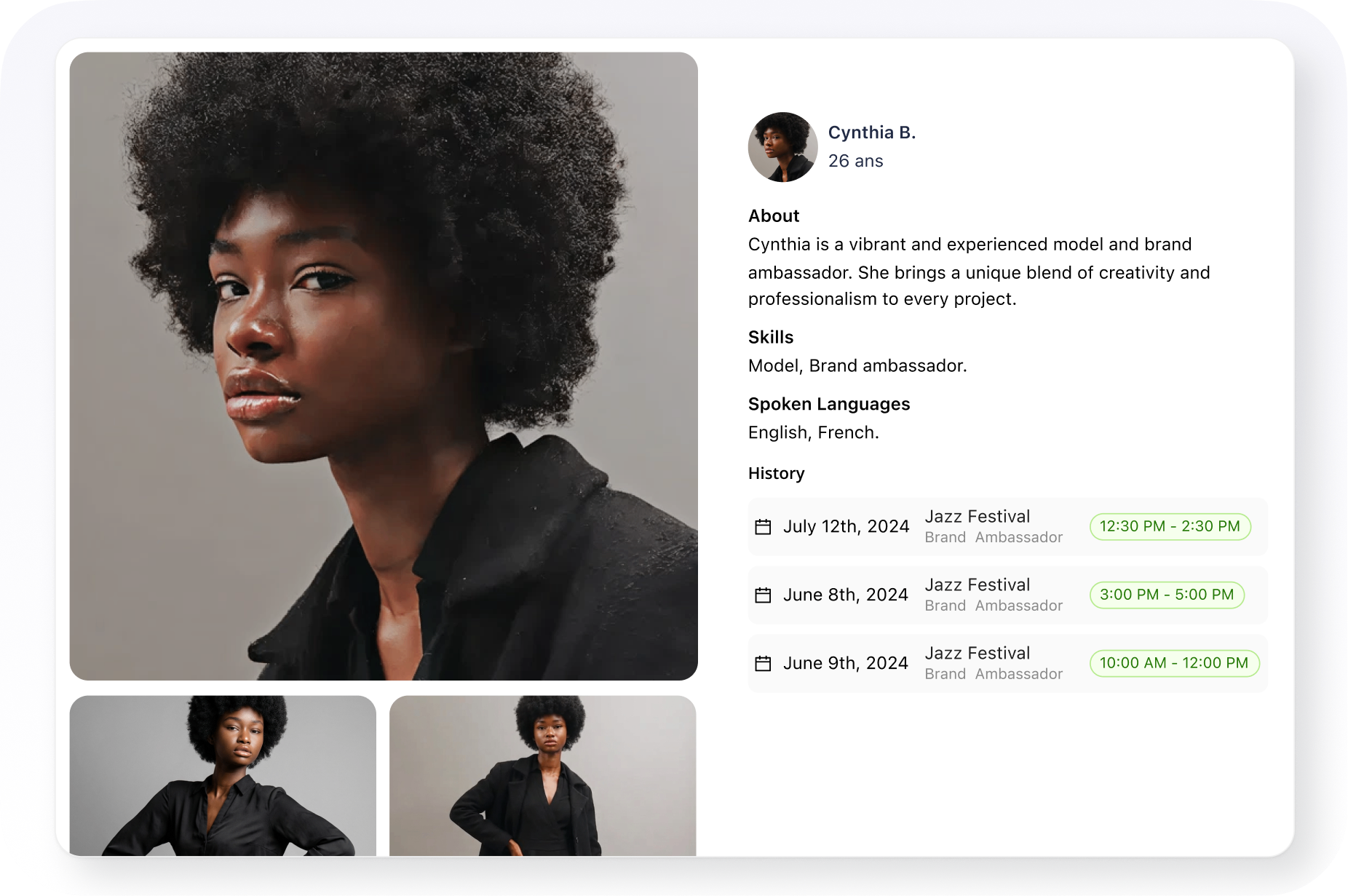 Client view of pre-selected candidate profiles including skills, experience, and past assignment history for team approval.